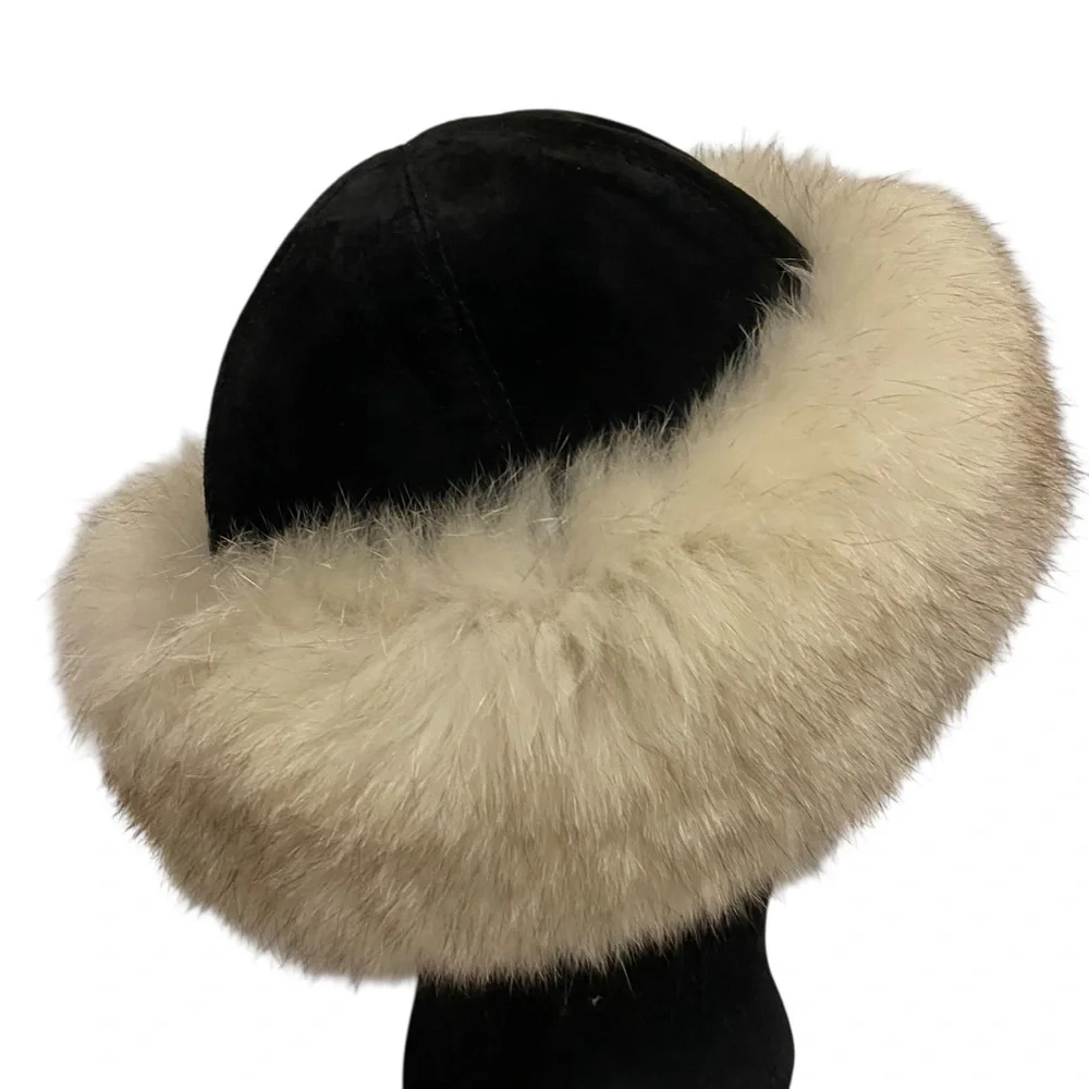Fourrures Audet Hat One Size Adult Adjustable Fur Trim Suede Leather Black